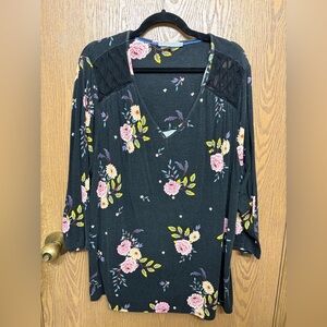 Floral V-Neck Blouse with 3/4 Sleeves